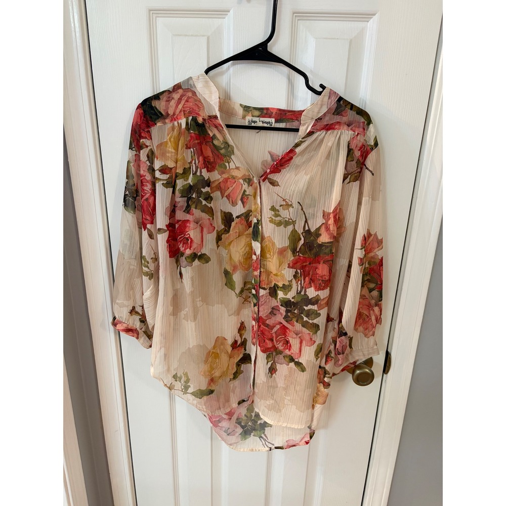 Hope Springs Floral Blouse Womens L Pink Gold Metallic Stripe Sheer V-Neck Top